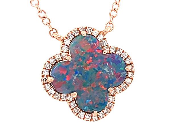 Black Opal Doublet and Diamond Clover Necklace