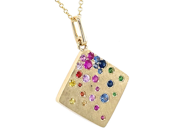 Rainbow Sapphire Square Corner Pendant Necklace