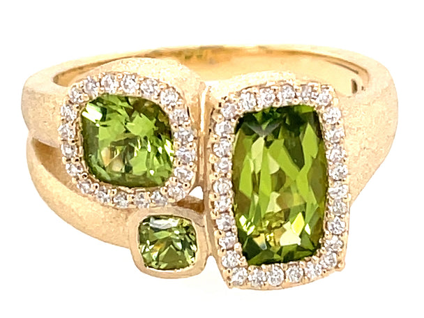 Peridot Cushion 3 Stone and Diamond Ring