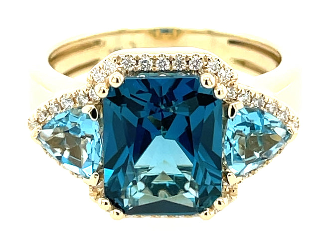 Blue Topaz Radiant 3 Stone and Diamond Ring