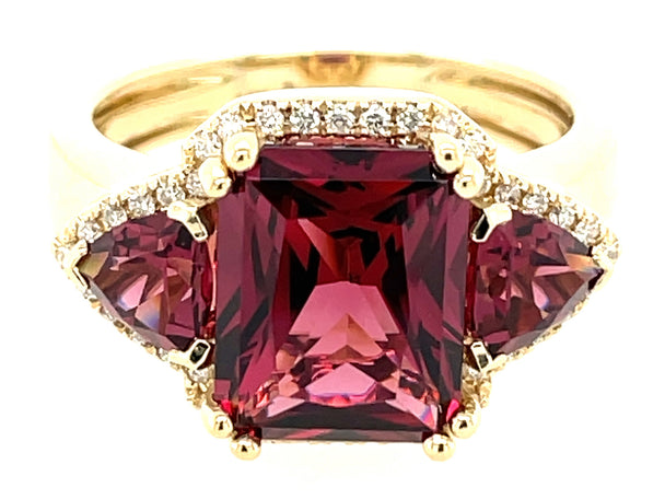 Rhodolite Radiant 3 Stone and Diamond Ring