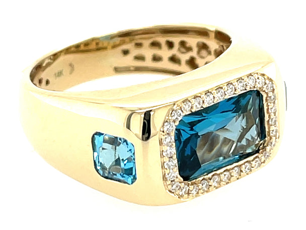 Blue Topaz Octagon 3 Stone and Diamond Ring