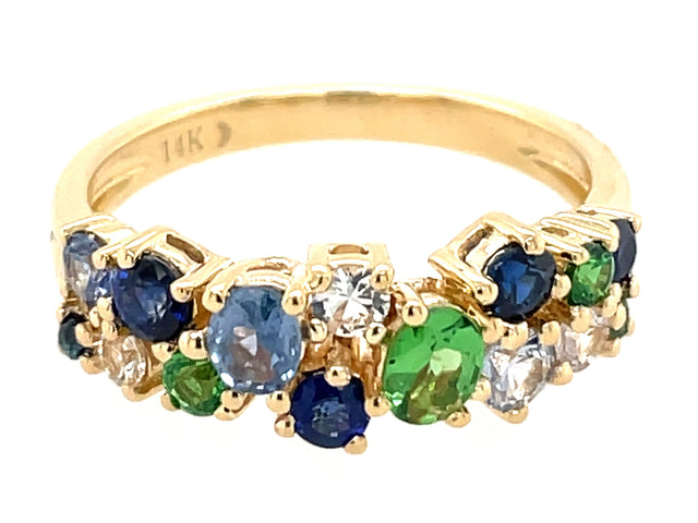 Blue Sapphire and Tsavorite Two Row Cluster Ring