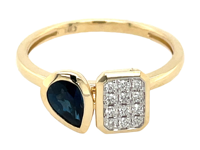 Sapphire Pear Bezel and Diamond Pave Cushion Ring