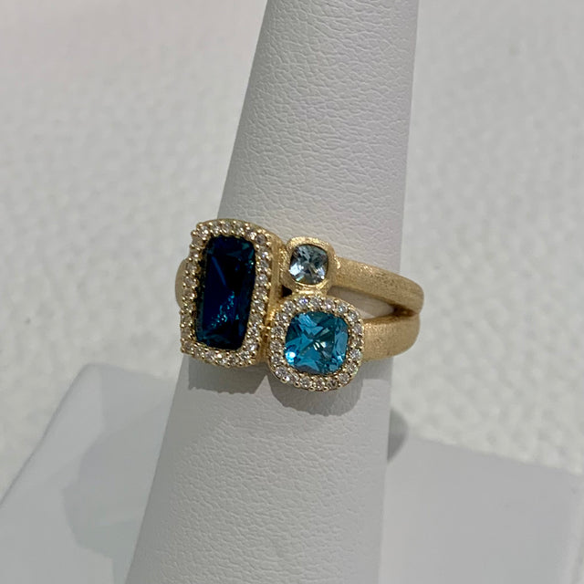 Blue Topaz Cushion 3 Stone and Diamond Ring