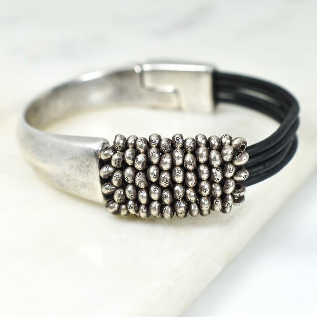 Hill Tribe Silver and Black Leather Bracelet