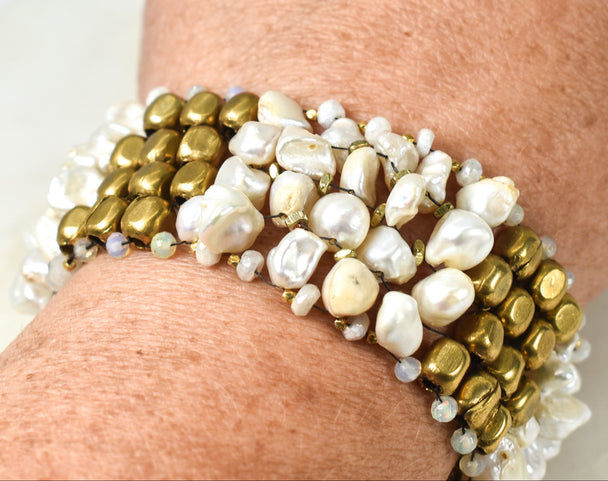 Brass Cube Pearl Bracelet