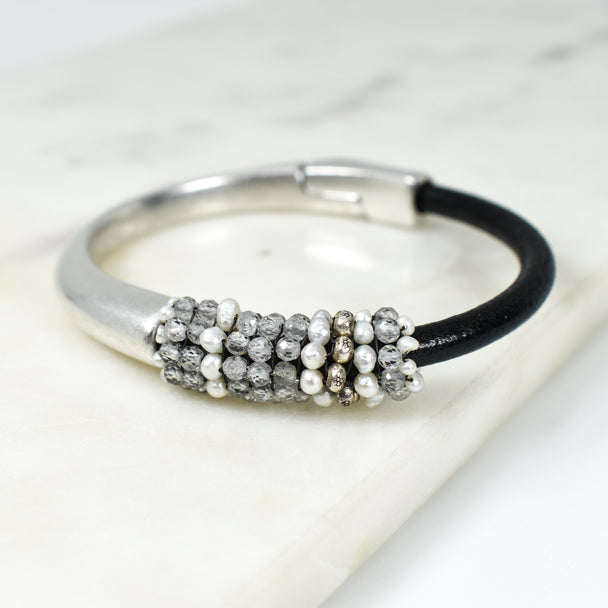 White Zircon Pearl and Hill Tribe Silver Bracelet