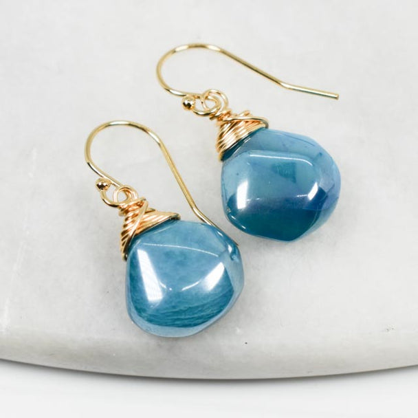 Blue Moonstone Top Wrapped Gold Fill Earrings