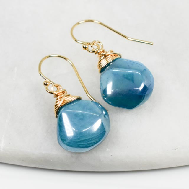 Blue Moonstone Top Wrapped Gold Fill Earrings