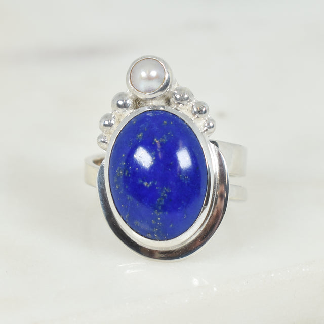 Lapis and Pearl Adjustable Ring