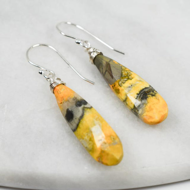 Bumblebee Jasper Top Wrapped Silver Earrings
