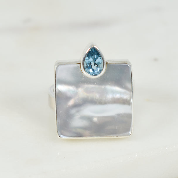 Blister Pearl and Blue Topaz Adjustable Ring