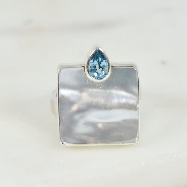 Blister Pearl and Blue Topaz Adjustable Ring