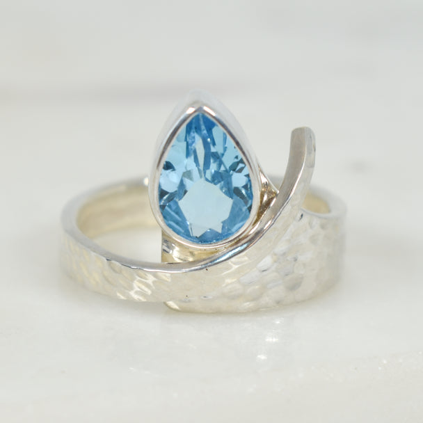 Blue Topaz and Hammered Sterling Silver Adjustable Ring