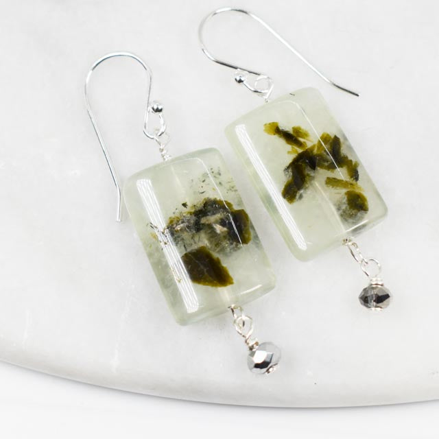 Prehnite and Crystal Silver Earrings