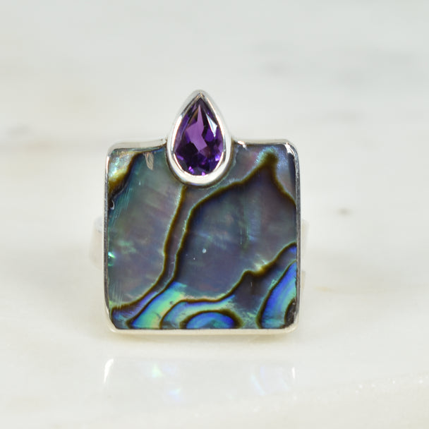 Abalone and Amethyst Adjustable Ring