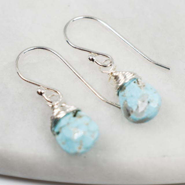 Sleeping Beauty Turquoise Top Wrapped Silver Earrings