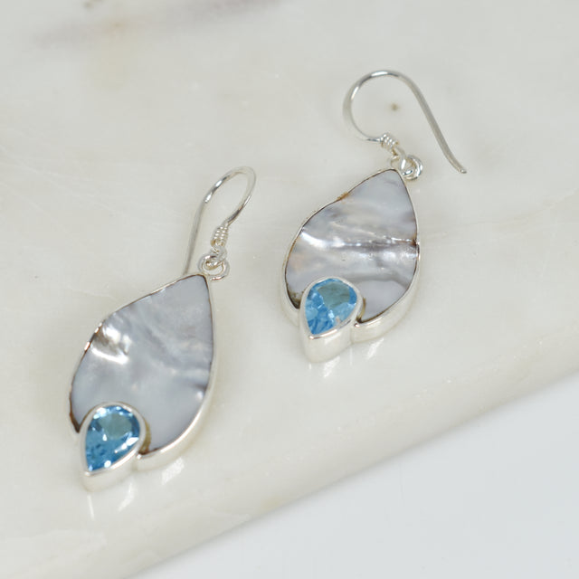 Teardrop Blister Pearl and Blue Topaz Earrings