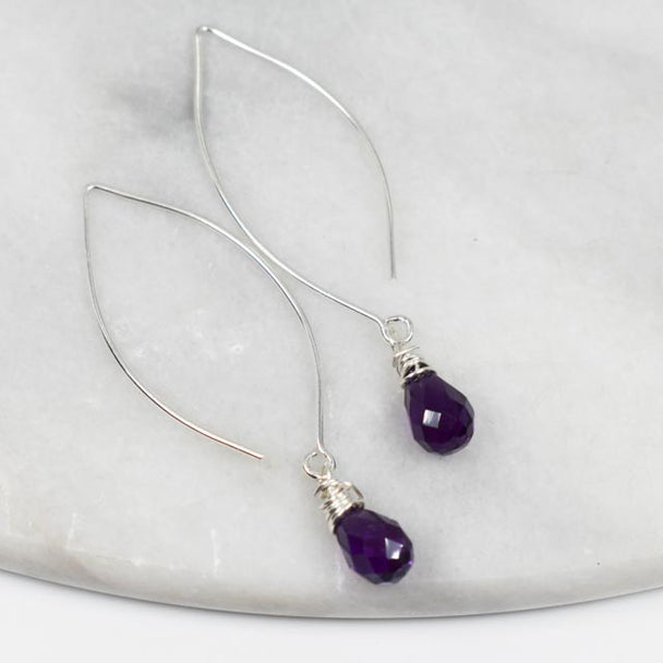 Top Wrapped Amethyst Long Wire Earrings