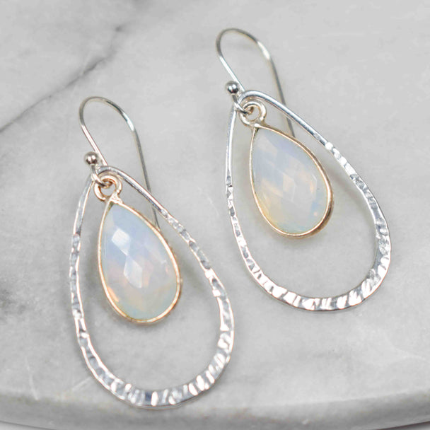 Opalite and Hammered Sterling Silver Pear Earrings