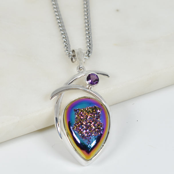 Rainbow Druzy and Amethyst Pendant Necklace