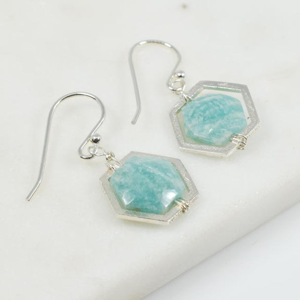 Amazonite & Silver Hexagon Earrings