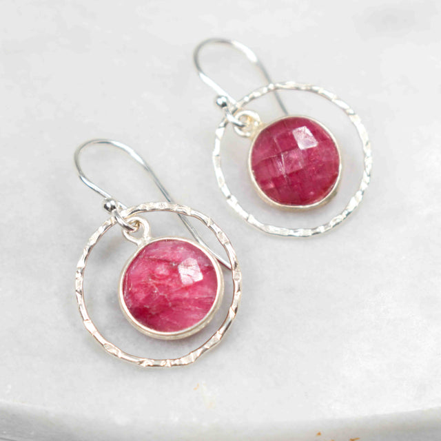 Ruby and Silver Circle Earrings