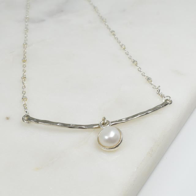 Silver Bar & Floating Pearl Necklace