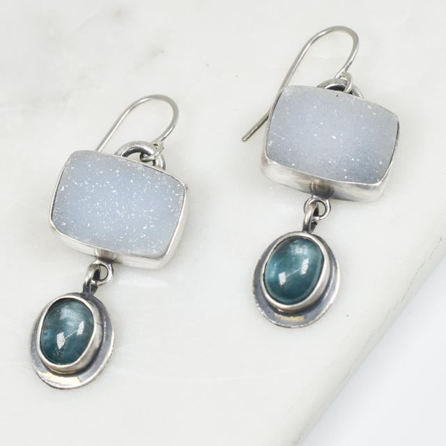 Quartz Druzy and Kyanite Earrings