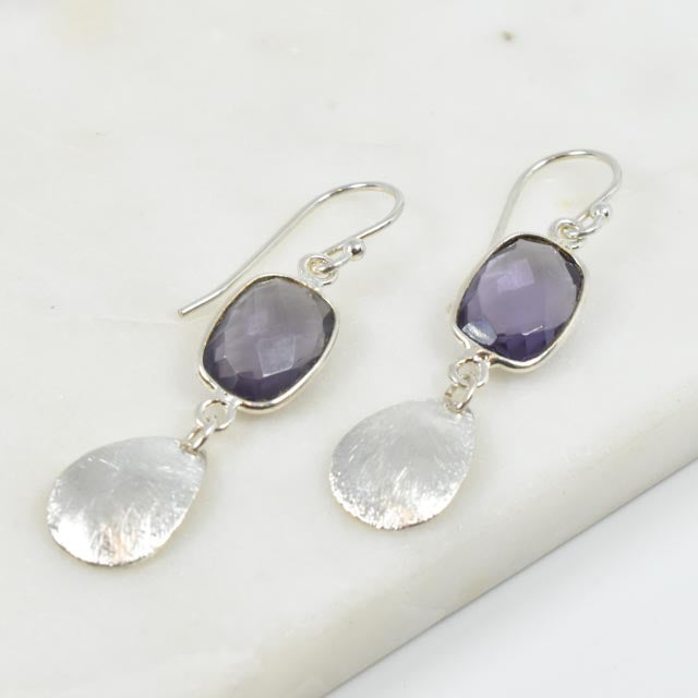 Amethyst and Brushed Sterling Silver Pear Earrings