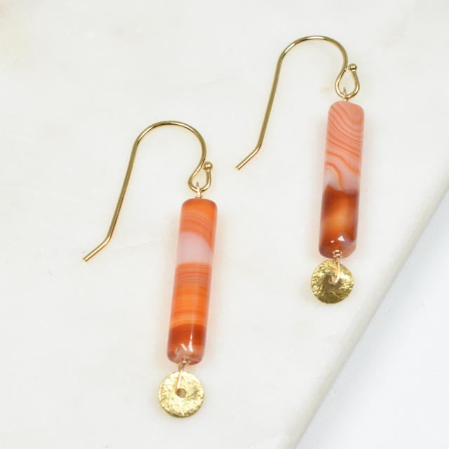 Banded Carnelian and Gold Disc Drop Gold Fill Earrings