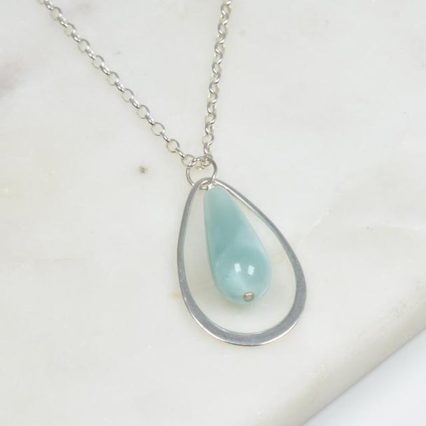 Green Moonstone and Sterling Silver Pear Necklace