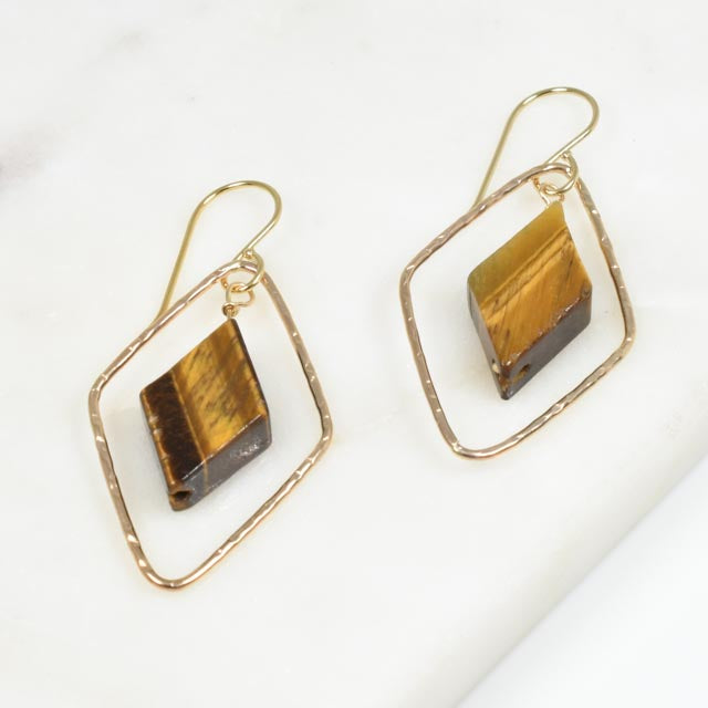 Tigers Eye Diamond Shape Earrings With Gold Fill Diamond