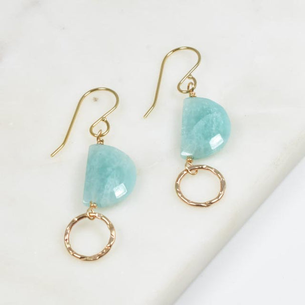 Half Moon Amazonite and Gold Fill Circle Earrings