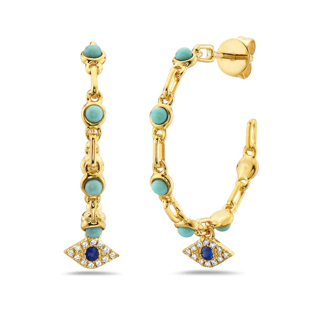 14K Yellow Gold and Turquoise Hoops