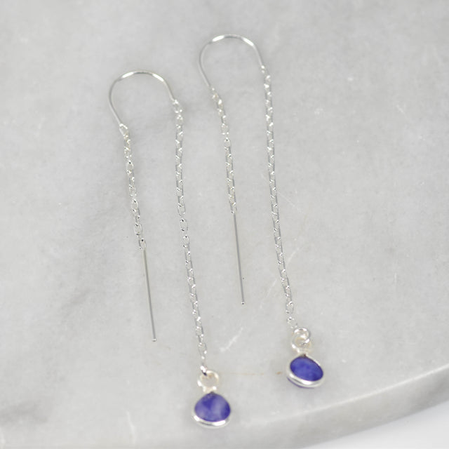 Silver Threader Earrings with Sapphire