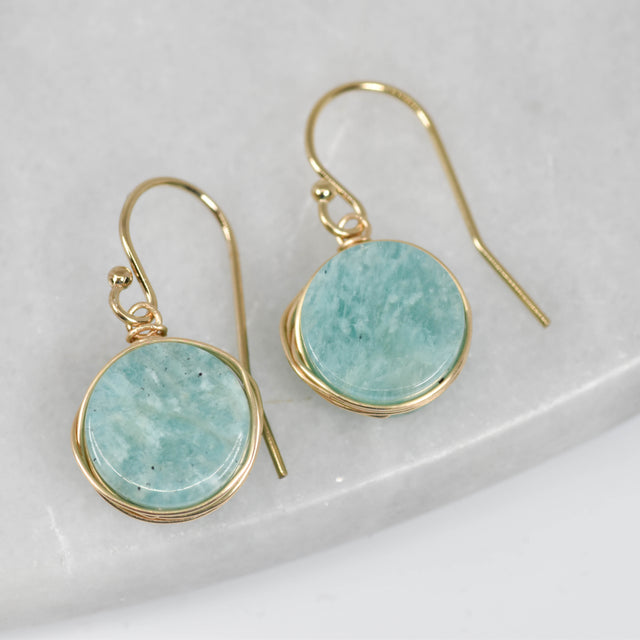 Gold Wrapped Amazonite Coin Earrings