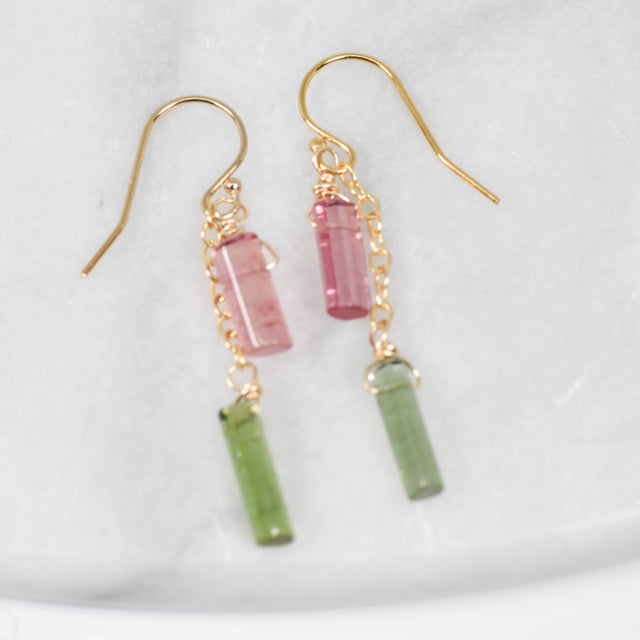 Watermelon Tourmaline and Gold Earrings