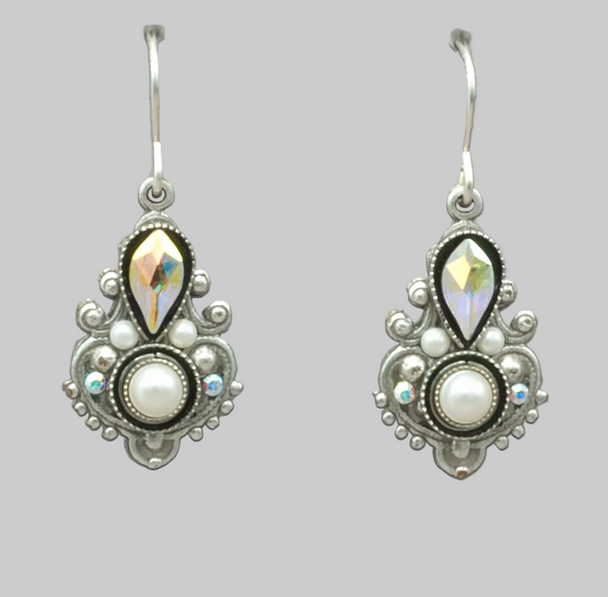 Pair of silver-toned dangle earrings with crystals and pearls.
