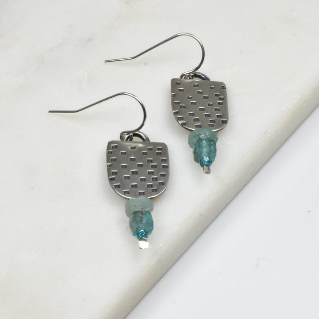 Ancient Roman Glass and Moss Agate Earrings