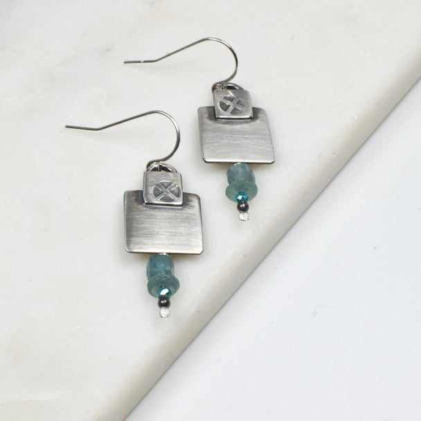 Ancient Roman Glass and Moss Agate Earrings