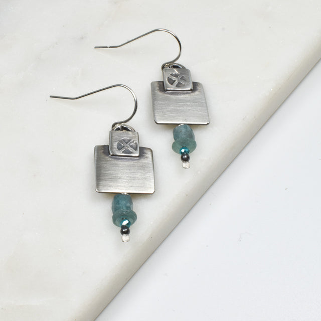 Ancient Roman Glass and Moss Agate Earrings