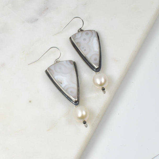 Druzy Moss Agate and Freshwater Pearl Earrings