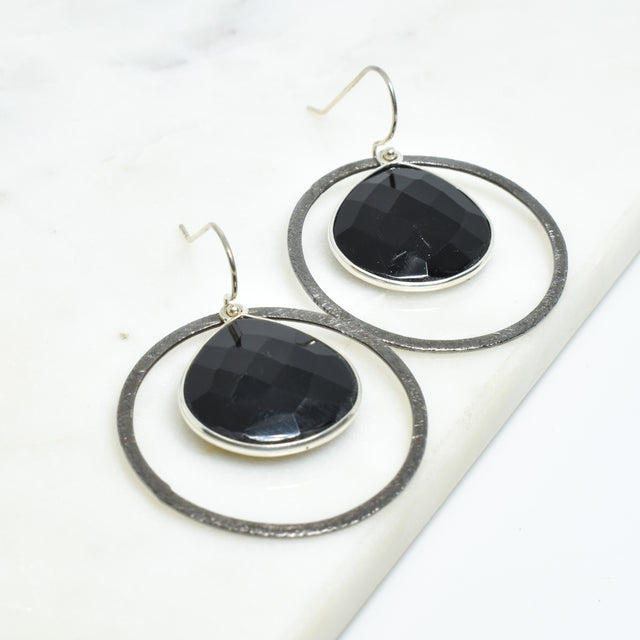 Black Onyx Large Oxidized Silver Encompass Earrings