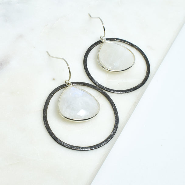 Moonstone Large Oxidized Silver Encompass Earrings