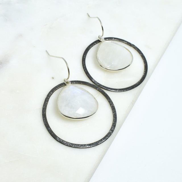 Moonstone Large Oxidized Silver Encompass Earrings