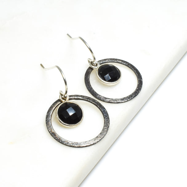 Black Onyx Medium Oxidized Encompass Earrings
