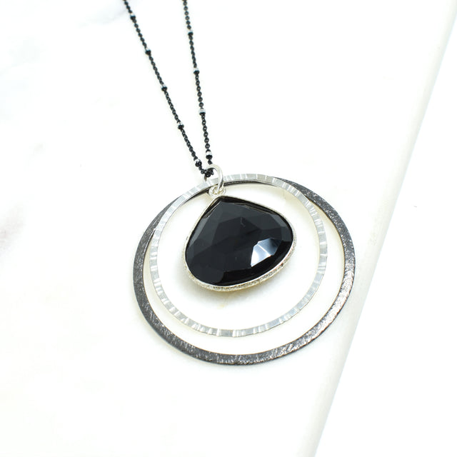 Black Onyx Oxided Silver Double Circle Necklace