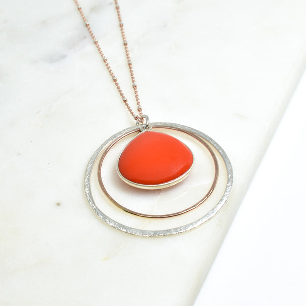 Red Coral Rose Gold Fill & Silver Double Circle Necklace